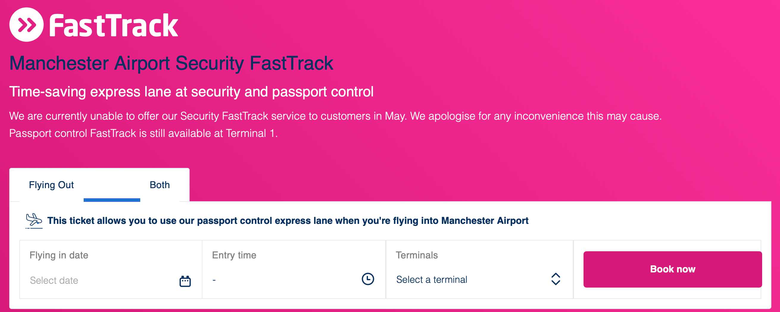 Screenshot of Manchester Airport Fast Track booking tool